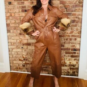 Brown  leather jumpsuit.